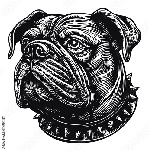 Detailed Woodcut Style Portrait of a Dog with Spiked Collar