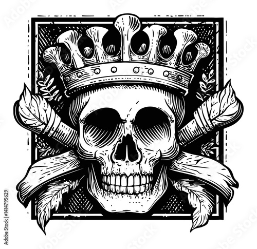 Intricate Woodcut Design of Skull with Crown and Crossed Elements
