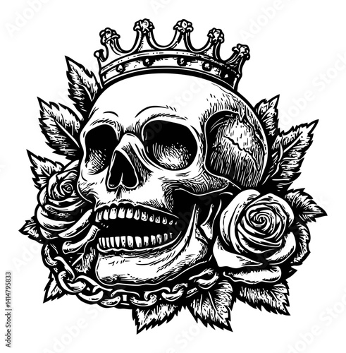 Crowned Skull with Roses and Chain in Vintage Woodcut Style