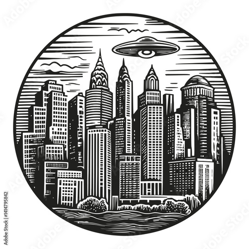 Urban Skyline Woodcut Art Featuring Futuristic UFO Sighting