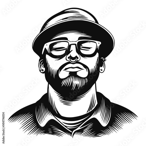 Detailed Black and White Woodcut Style Portrait of a Man