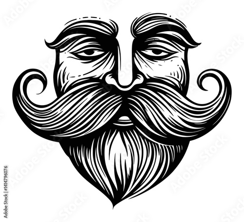 Vintage Woodcut Style Illustration of a Mustached Man?s Face