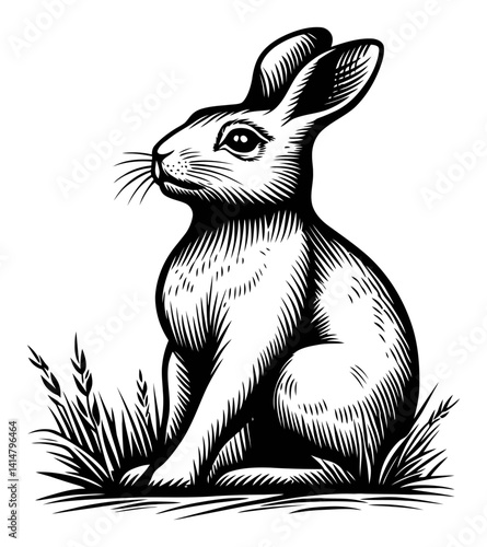 Elegant Woodcut Style Illustration of a Sitting Rabbit in Grass