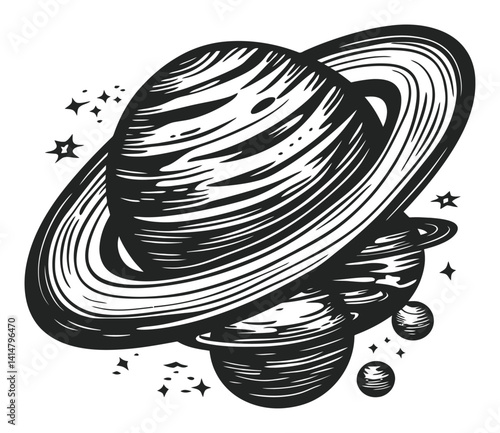 Vintage Woodcut Engraving of Saturn with Rings and Surrounding Planets