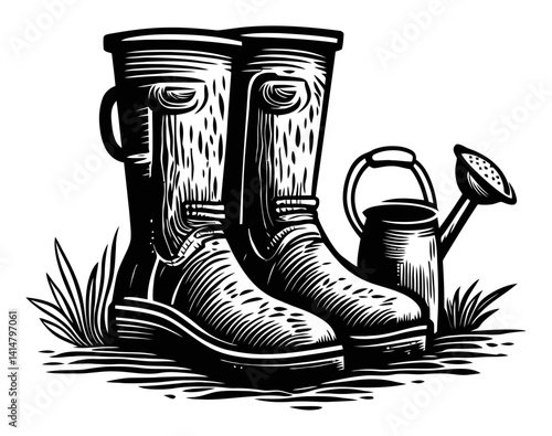 Classic Woodcut Style Illustration of Garden Boots and Watering Can