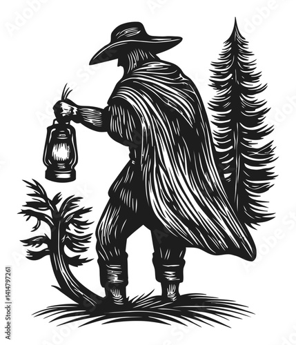 Detailed Woodcut of a Lantern-Holding Figure in Nature Scene