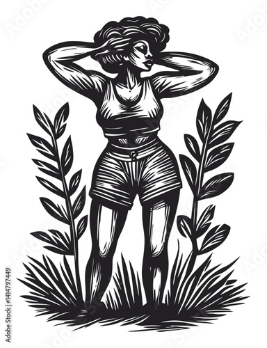 Stylish Woman in Woodcut Style Surrounded by Leaves and Grasses