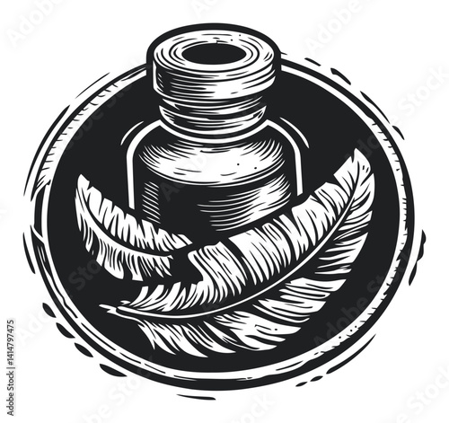 Vintage Woodcut Design of Ink Bottle with Quill Feather Illustration