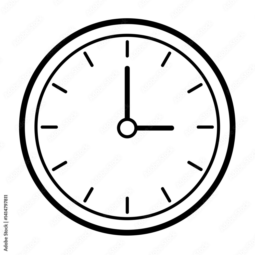 Simple black and white wall clock illustration on white background Simple black and white wall clock illustration on white background