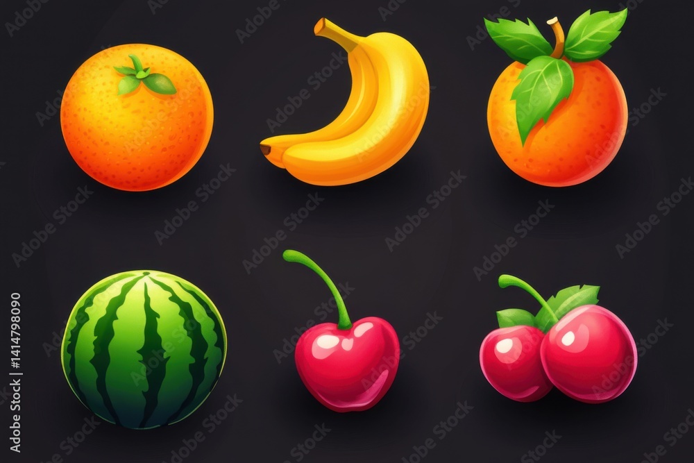 Bright and vibrant collection of fresh fruits including oranges, bananas, watermelons, and cherries displayed against a dark backdrop Bright and vibrant collection of fresh fruits including oranges, bananas, watermelons, and cherries displayed against a dark backdrop