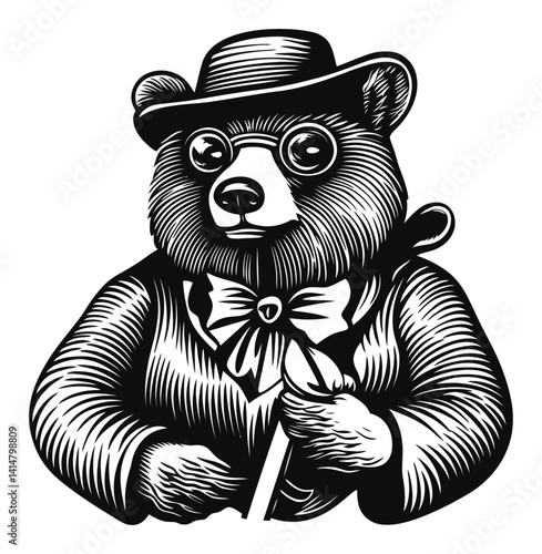 Vintage Bear Illustration in Engraving Style with Bow Tie and Hat