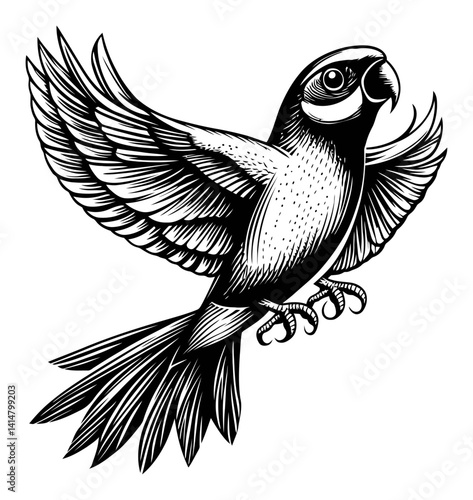 Detailed Engraving of a Flying Bird with Intricate Feather Patterns