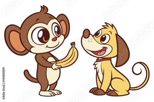 A cute brown puppy cartoon vector with a smiling happy monkey.