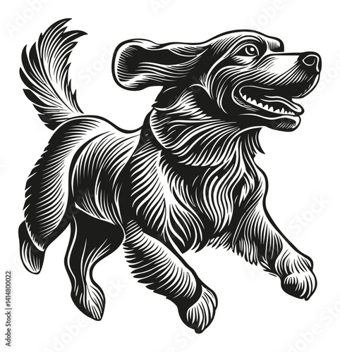Playful Dog Running in a Woodcut Style Artwork Design