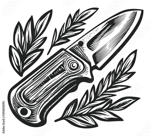 Detailed Engraving of a Folding Knife Surrounded by Leaves