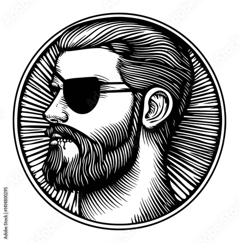 Vintage Woodcut Style Portrait of a Bearded Man with Sunglasses