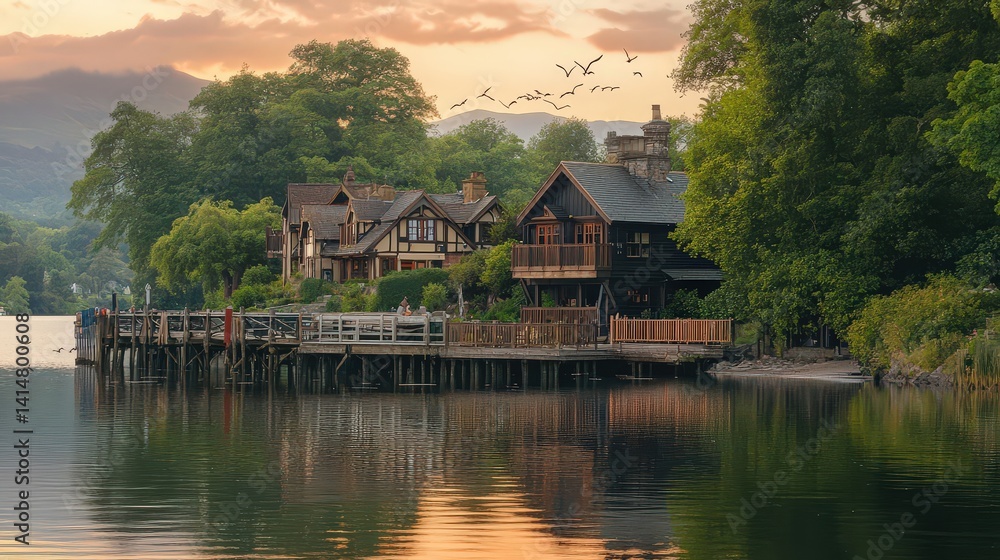 Scenic Lakefront Homes at Sunset with Calm Waters and Green Trees Scenic Lakefront Homes at Sunset with Calm Waters and Green Trees