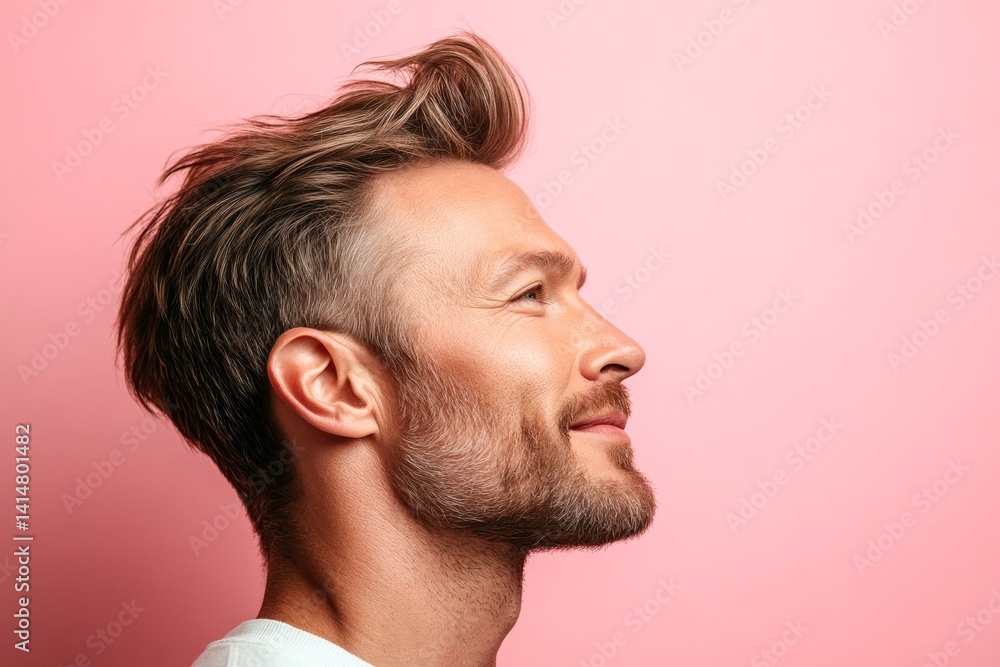 Fototapeta premium A midlife gentleman with grace and sophistication. Conceptual art of style for aging men. Pink solid background. Fashionable men's crew cut haircut - midlife white man with blond hair.