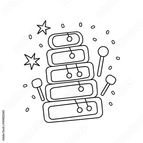 Xylophone vector illustration in playful black line art style with mallets, stars, and confetti for music and kids themes

