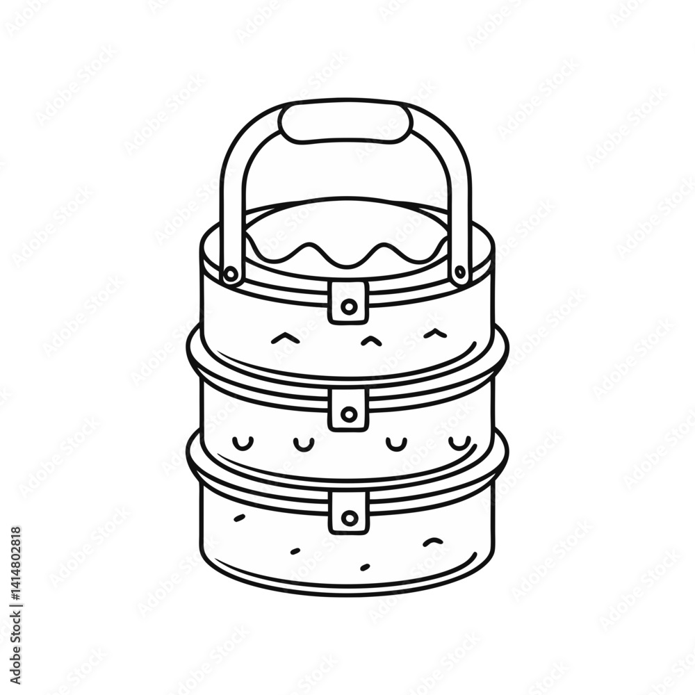 Traditional tiffin lunch box vector with handle, illustrated in clean black and white minimal line art style
Traditional tiffin lunch box vector with handle, illustrated in clean black and white minimal line art style