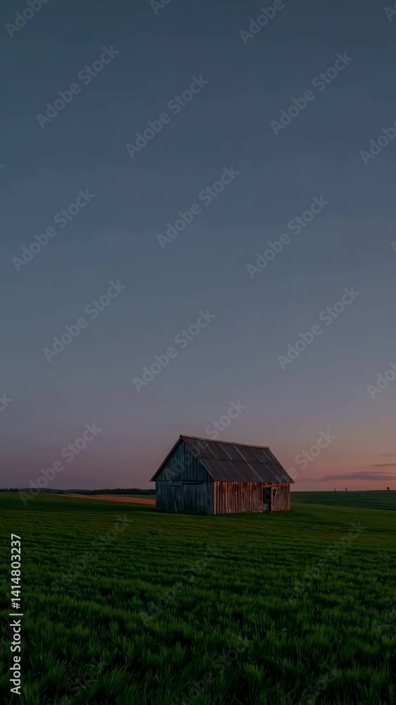 Timelapse of an isolated barn under dramatic sunset skies in open fields