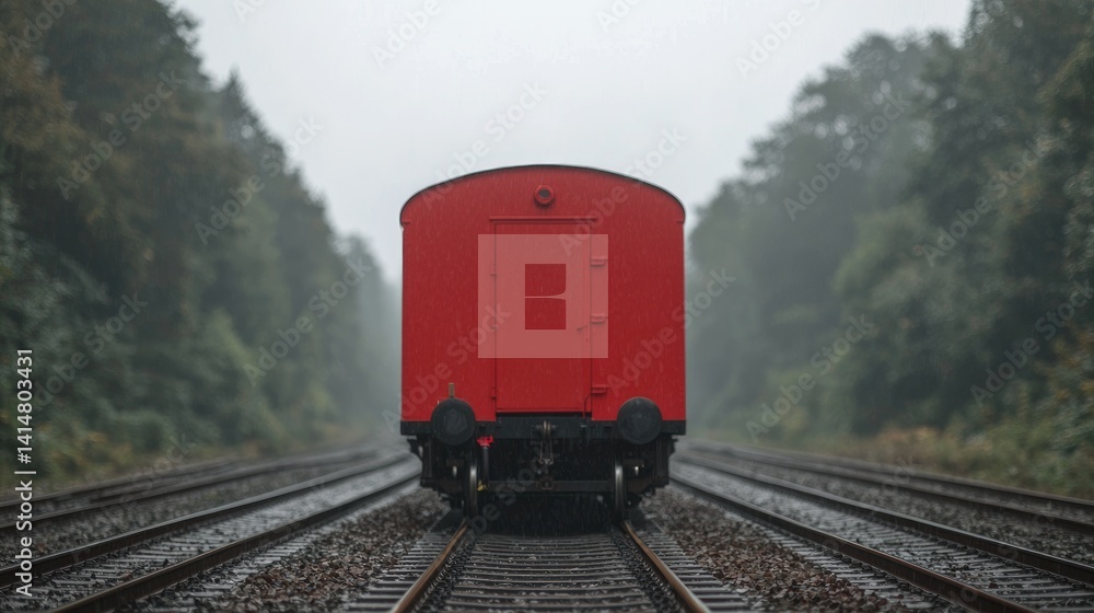 Obraz premium Red vehicle moving through fog dramatic transportation stock photo