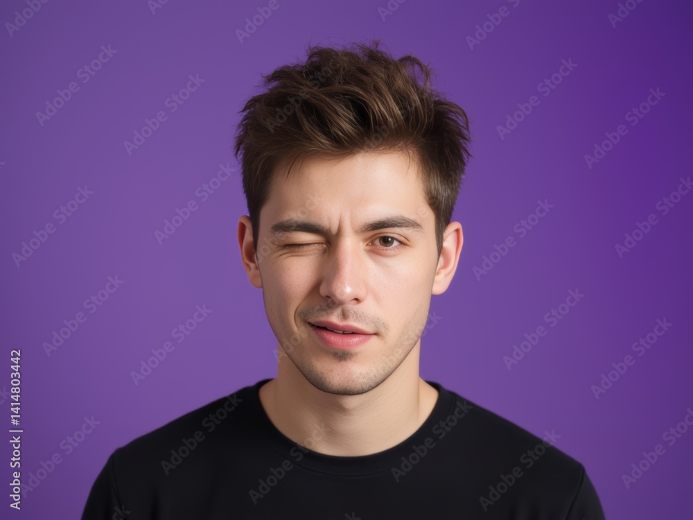 Studio shot of young man winking while flirting on purple background Studio shot of young man winking while flirting on purple background