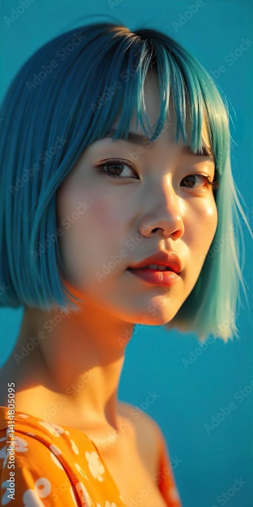 A close-up portrait of a korean woman model, blue hair, bob hair style, blue studio, early twenties,blush on her cheeks gloss on her lips. She wears a simple, light sleeveless top.