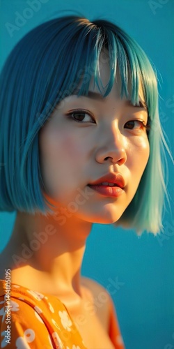 Obraz na płótnie A close-up portrait of a korean woman model, blue hair, bob hair style, blue studio, early twenties,blush on her cheeks gloss on her lips. She wears a simple, light sleeveless top. w salonie