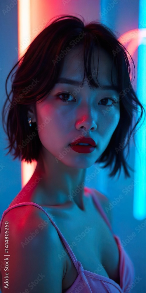 A close-up portrait of a korean woman model, bob hair style, blue studio, early twenties, blush on her cheeks gloss on her lips. She wears a simple, light sleeveless top.
