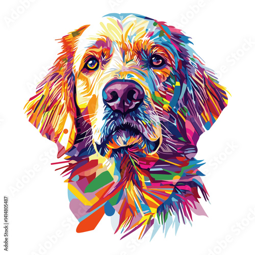 Colorful abstract dog illustration with floppy ears and bold patterns in modern vibrant pet artwork