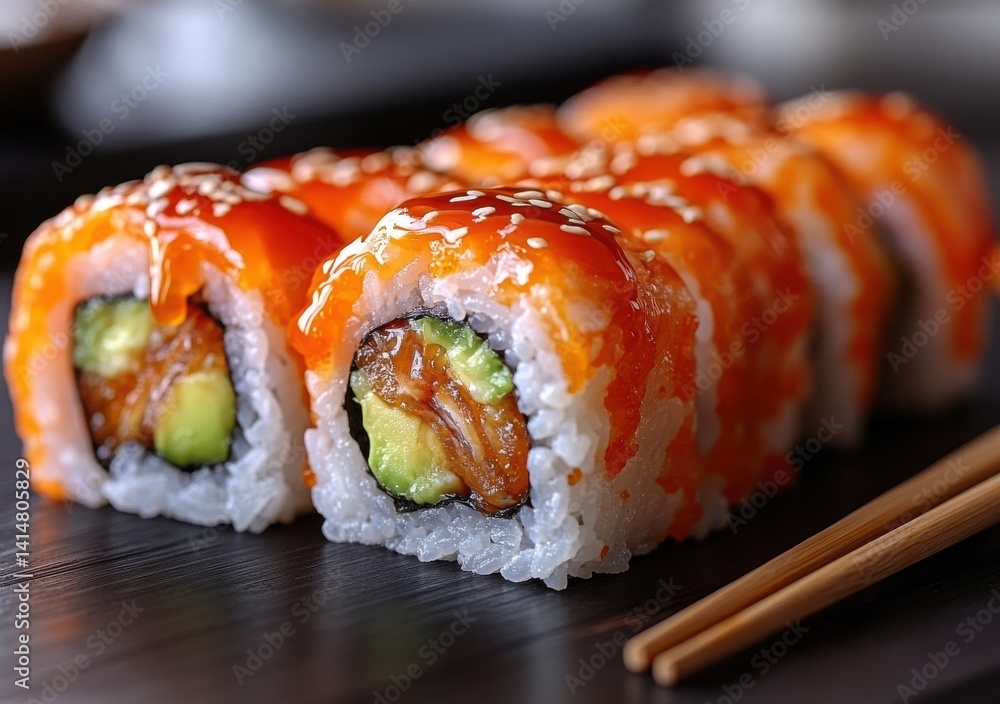A plate of sushi with avocado and a sauce A plate of sushi with avocado and a sauce