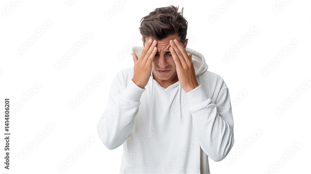 Man feeling stressed headache pain anxiety depression mental health problem sad isolated on transparent background Man feeling stressed headache pain anxiety depression mental health problem sad isolated on transparent background