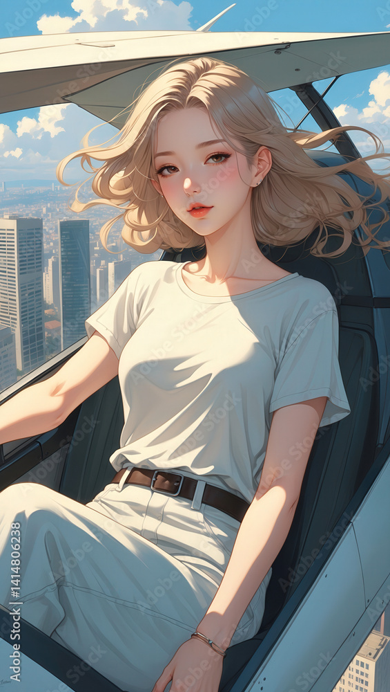 Stylish young woman sitting in a cockpit with a cityscape view and blue sky in the background