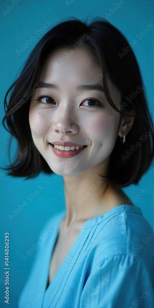 A close-up portrait of a korean woman model, bob hair style, blue studio, early twenties, blush on her cheeks gloss on her lips. She wears a simple, light sleeveless top.