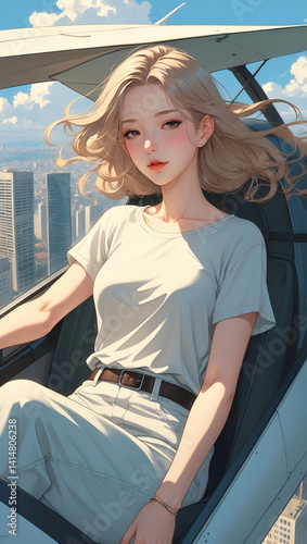 Obraz na płótnie Stylish young woman sitting in a cockpit with a cityscape view and blue sky in the background w salonie