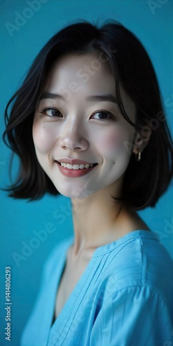 Obraz na płótnie A close-up portrait of a korean woman model, bob hair style, blue studio, early twenties, blush on her cheeks gloss on her lips. She wears a simple, light sleeveless top. w salonie