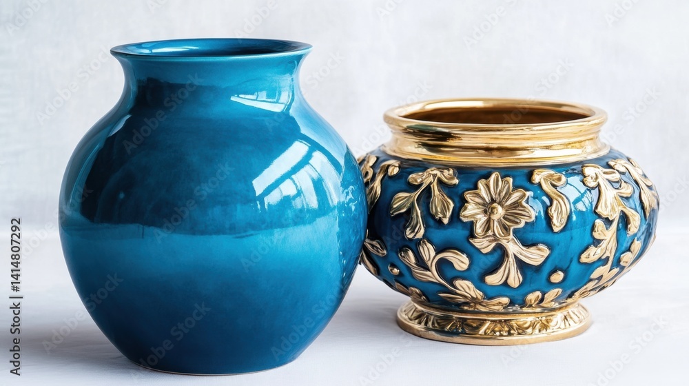 Contrasting styles of a sleek blue vase and ornate gold piece on a bright white backdrop Contrasting styles of a sleek blue vase and ornate gold piece on a bright white backdrop