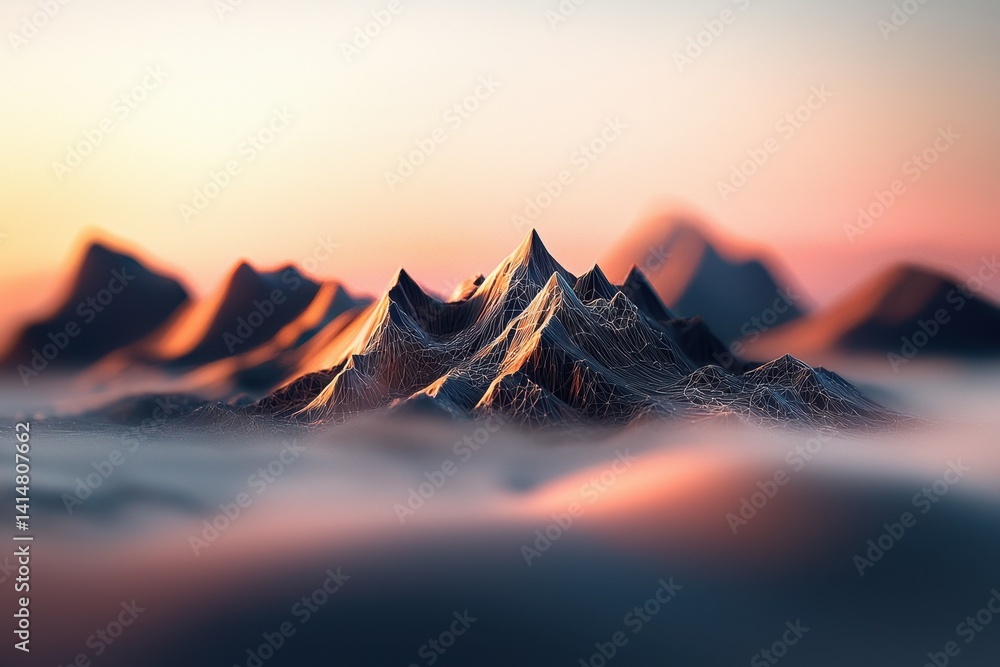 Abstract geometric mountain range in soft misty horizon scenic nature landscape serene environment digital art viewpoint capturing tranquility and depth