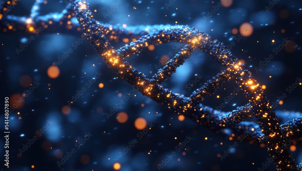 A DNA strand is shown in a blue and purple color A DNA strand is shown in a blue and purple color