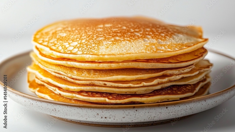 A stack of pancakes on a white plate A stack of pancakes on a white plate