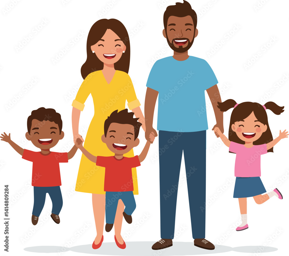 Diverse and Happy Family with Three Children Vector Illustration Diverse and Happy Family with Three Children Vector Illustration