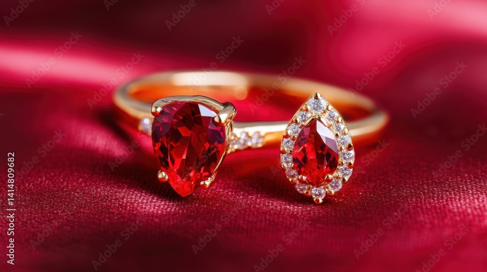 Elegant ring and matching drop earrings with polished gemstones set on a bright red background Elegant ring and matching drop earrings with polished gemstones set on a bright red background