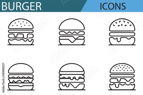 A modern collection of burger icons with flag and steam effects, suitable for food industry illustrations