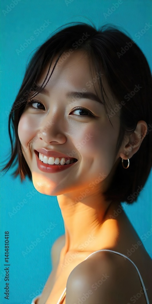 A close-up portrait of a korean woman model, bob hair style, blue studio, early twenties, blush on her cheeks gloss on her lips. She wears a simple, light sleeveless top.