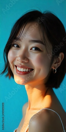 Obraz na płótnie A close-up portrait of a korean woman model, bob hair style, blue studio, early twenties, blush on her cheeks gloss on her lips. She wears a simple, light sleeveless top. w salonie