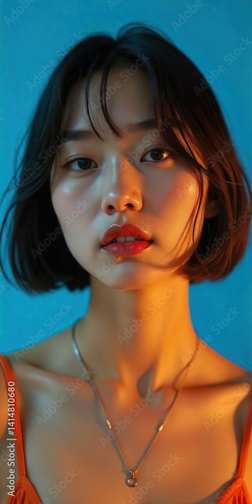 A close-up portrait of a korean woman model, bob hair style, blue studio, early twenties, blush on her cheeks gloss on her lips. She wears a simple, light sleeveless top.