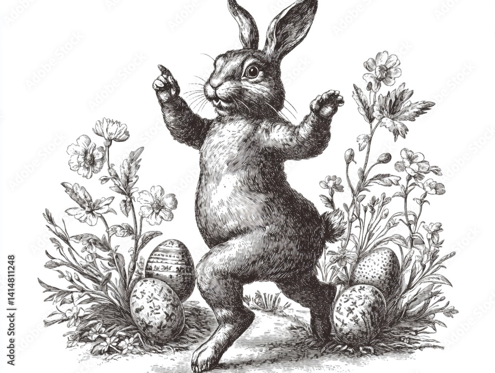 Fototapeta premium Vintage Engraving of Dancing Easter Bunny with Eggs and Flowers – Black and White Illustration