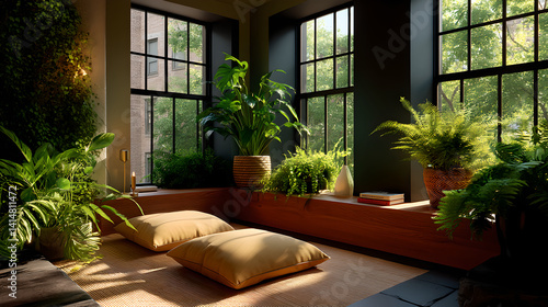 Obraz na płótnie Sunlit Room with Abundant Greenery and Peaceful Seating Area w salonie