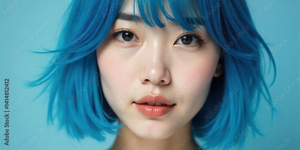 A close-up portrait of a korean woman blue hair,a soft lighting, a light-toned complexion, bob hair style,and bright pinkish-peach blush on the cheeks. bright, almost electric blue. bule studio